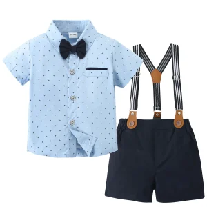 Boy  Suit Short Sleeves Shirt +Suspender Pants +Bowtie