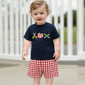 Embroidered Crew Neck Tee and Plaid Shorts Set